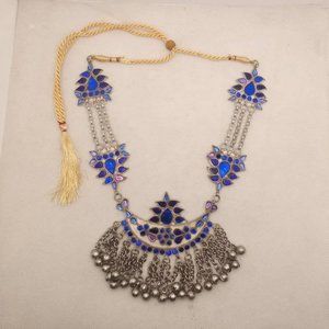 Blue Glass Stones Pendant Necklace, Handmade Necklace With Dangling Silver Bells